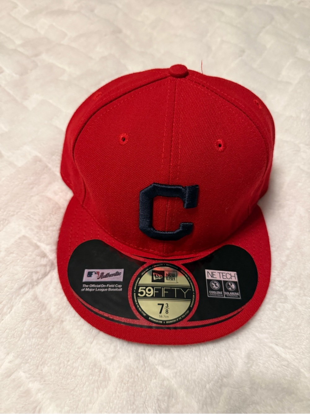 New Era Red Fitted Cleveland Hat with Navy Raised 'C'